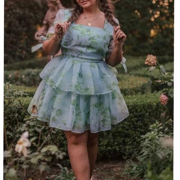 JessaKae Dresses & Skirts - Jessakae Petal Dress XL Tiered Chiffon Floral Blue Green
